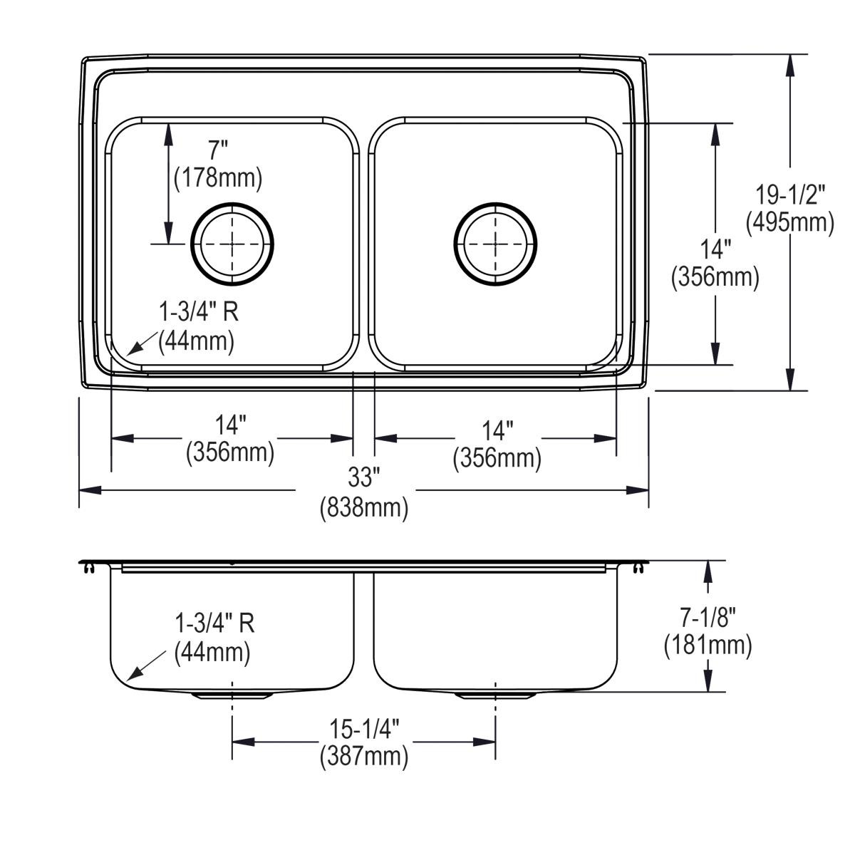 Elkay Celebrity Stainless Steel 33" x 19-1/2" x 7-1/8", 2-Hole Equal Double Bowl Drop-in Sink