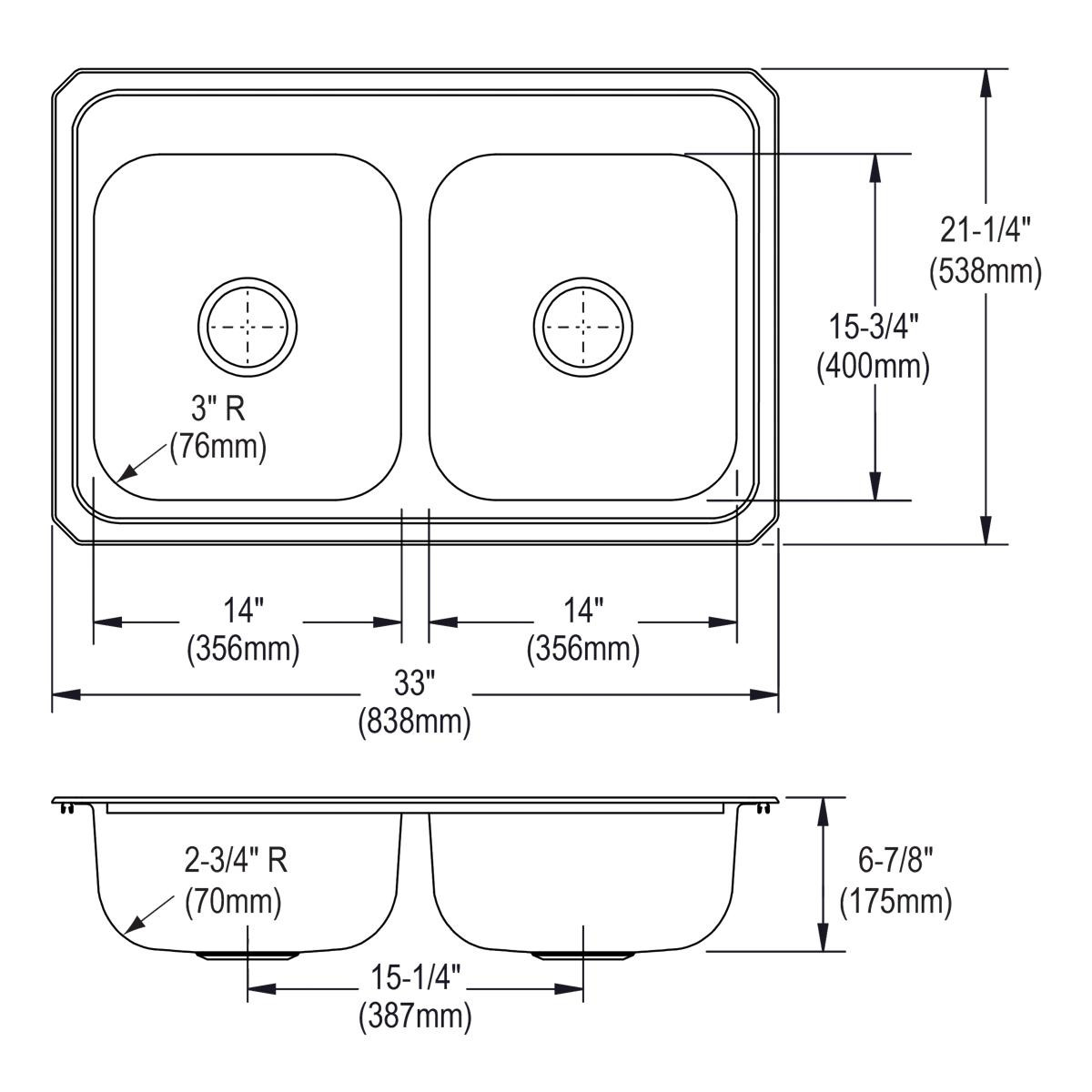 Elkay Celebrity Stainless Steel 33" x 21-1/4" x 6-7/8" 3-Hole Equal Double Bowl Drop-in Sink