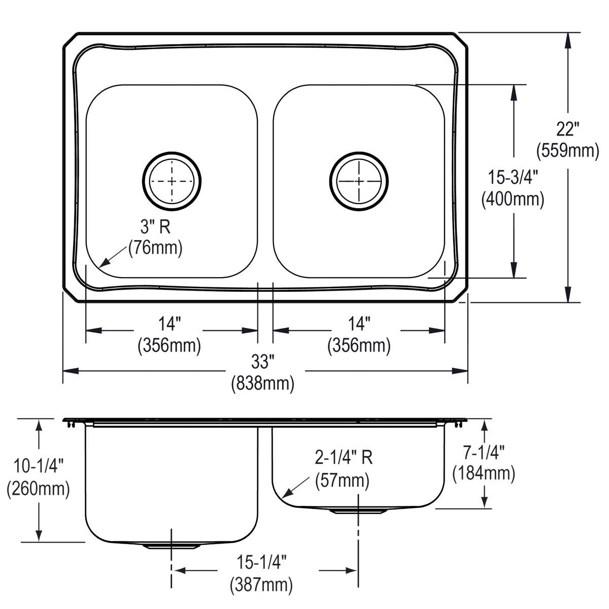 Elkay Celebrity Stainless Steel 33" x 22" x 10-1/4" 1-Hole Equal Double Bowl Drop-in Sink with Right Small Bowl