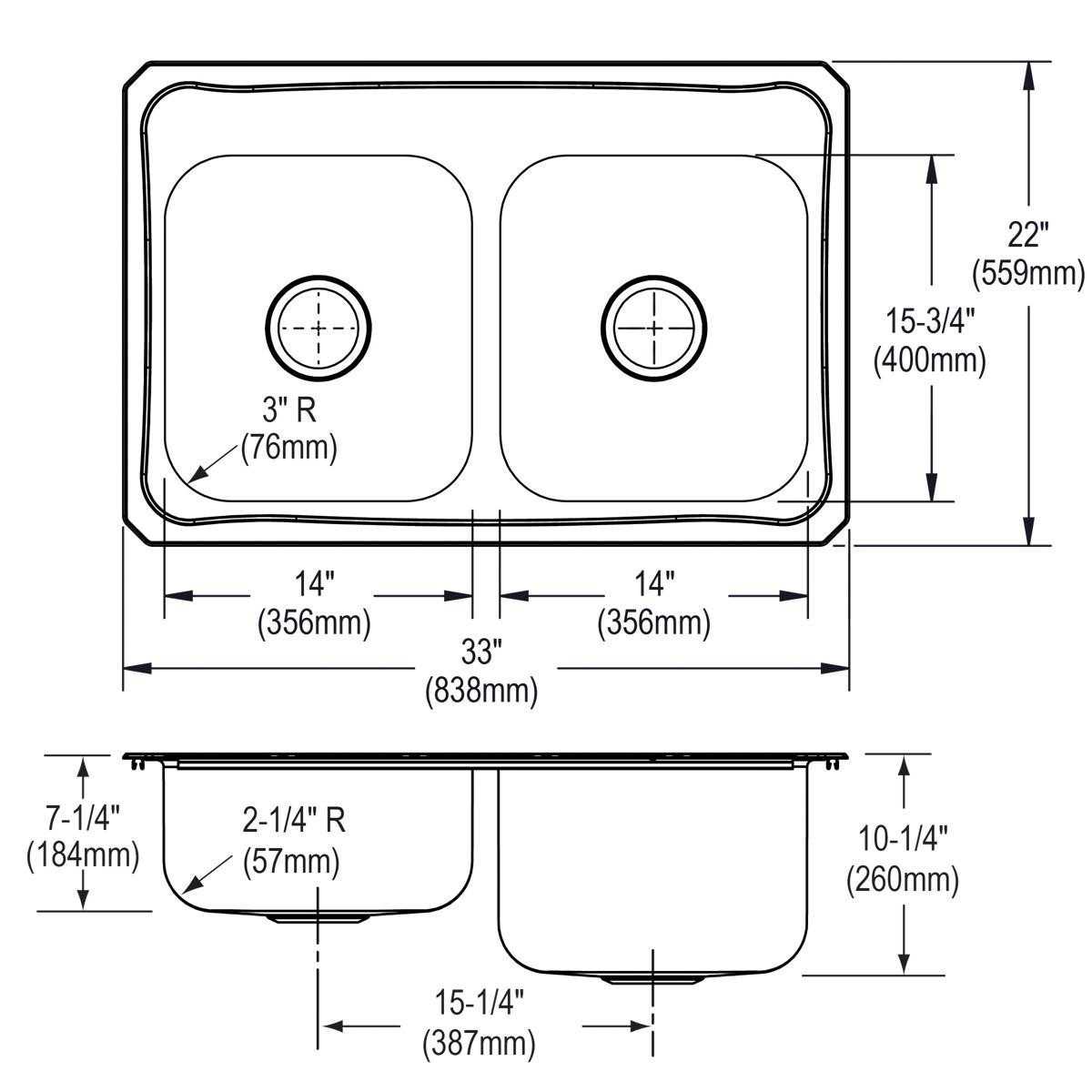 Elkay Celebrity Stainless Steel 33" x 22" x 10-1/4" 2-Hole Equal Double Bowl Drop-in Sink with Left Small Bowl