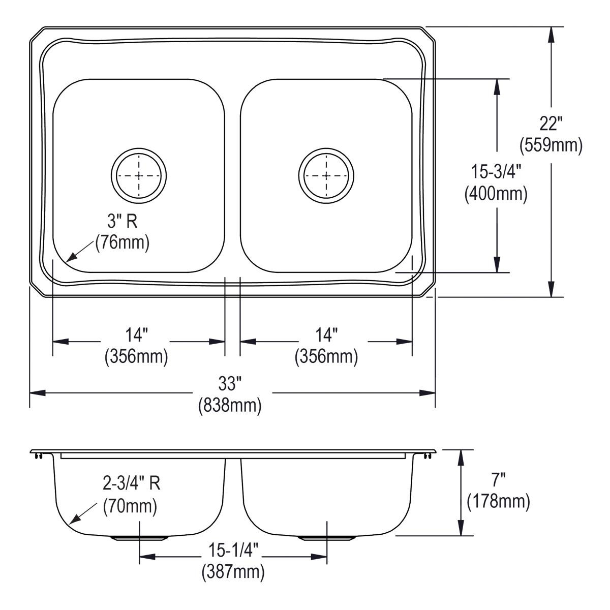 Elkay Celebrity Stainless Steel 33" x 22" x 7", 1-Hole Equal Double Bowl Drop-in Sink