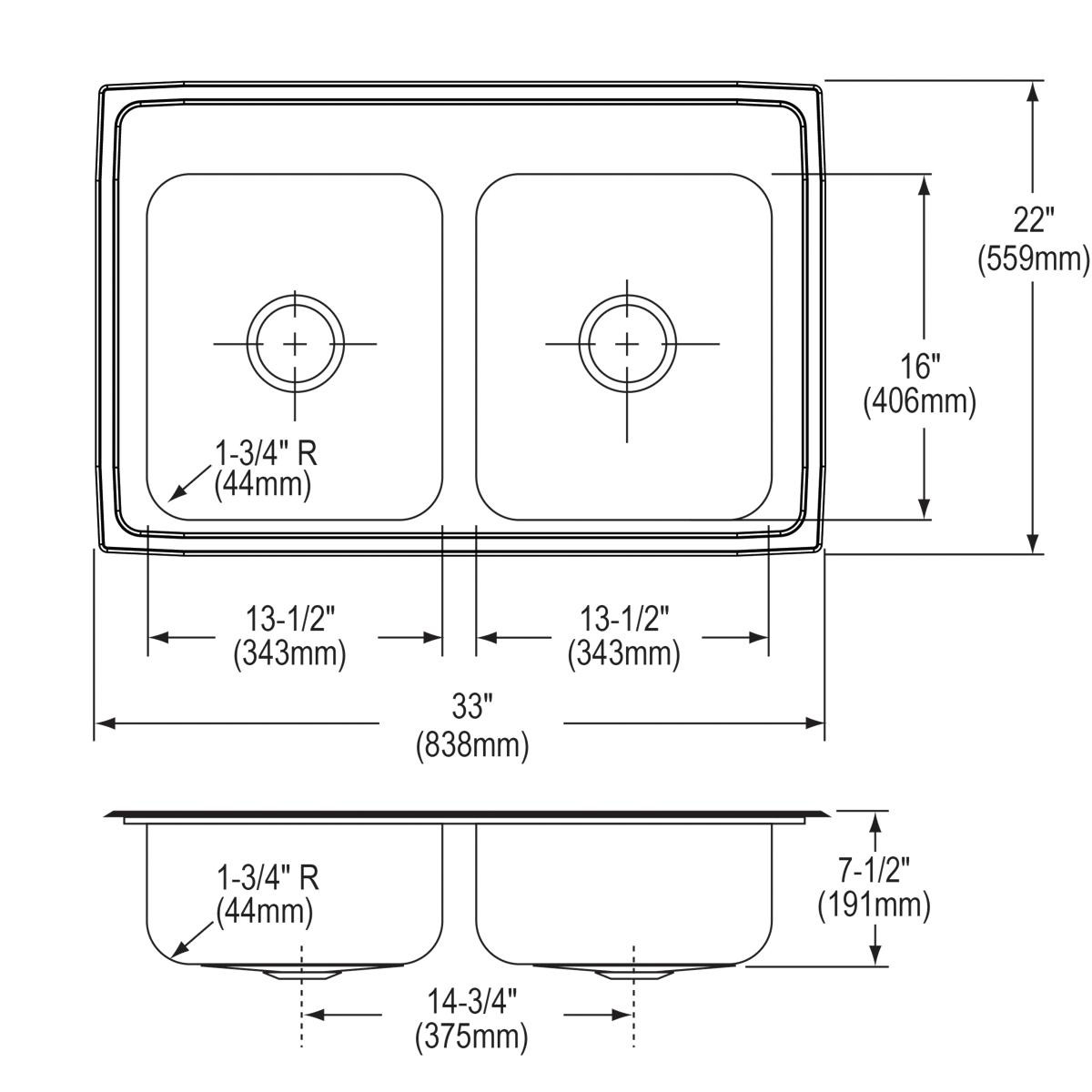 Elkay Celebrity Stainless Steel 33" x 22" x 7-1/2", 2-Hole Equal Double Bowl Drop-in Sink