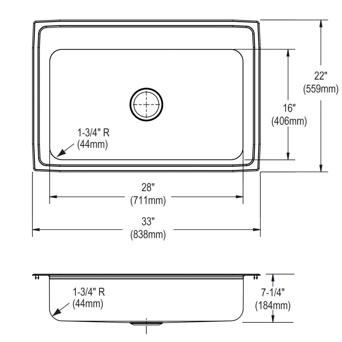 Elkay Celebrity Stainless Steel 33" x 22" x 7-1/4" 3-Hole Single Bowl Drop-in Sink
