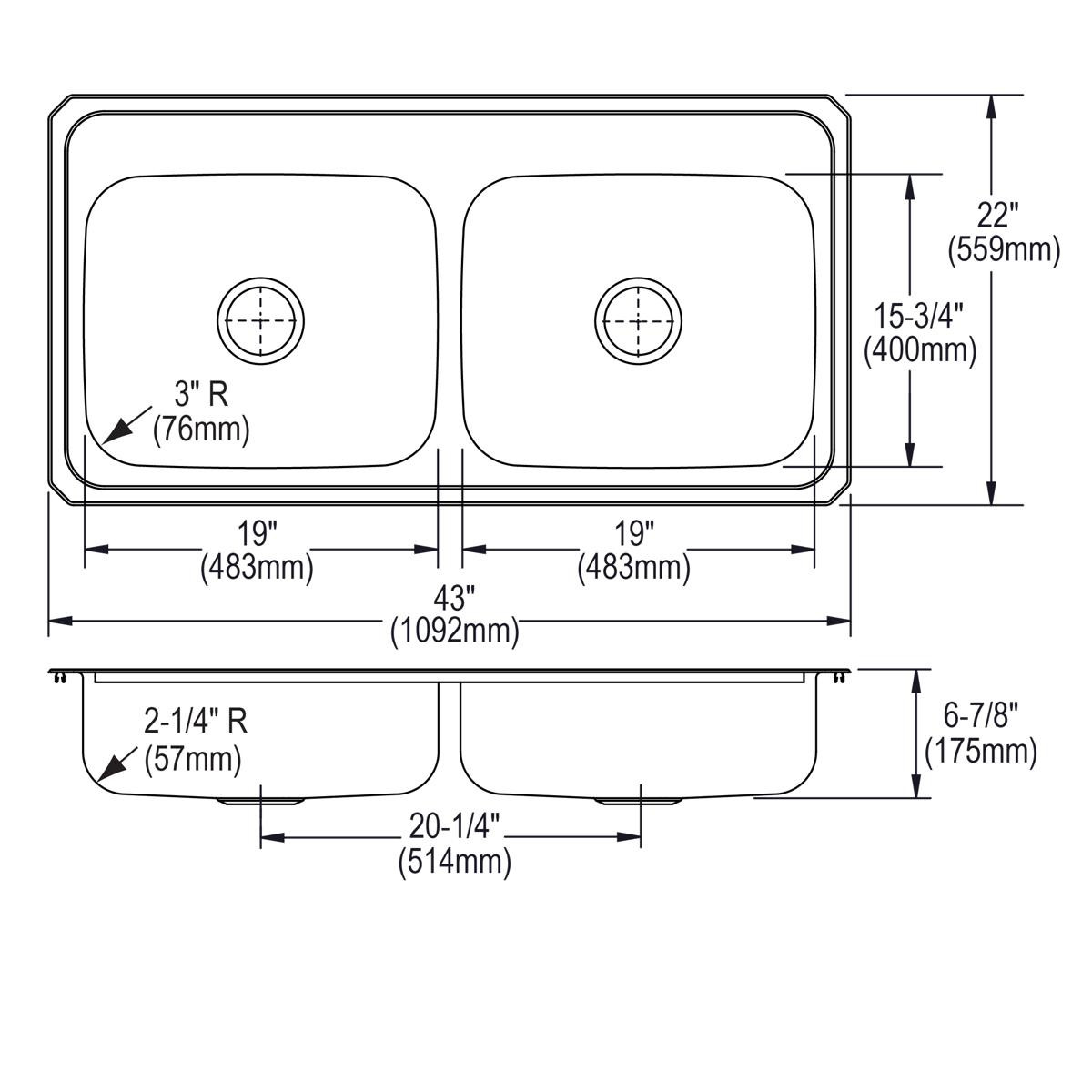 Elkay Celebrity Stainless Steel 43" x 22" x 6-7/8", 1-Hole Equal Double Bowl Drop-in Sink