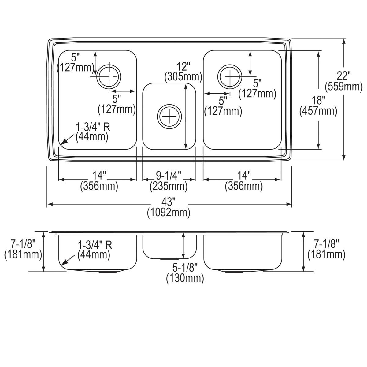 Elkay Celebrity Stainless Steel 43" x 22" x 7-1/8" 3-Hole Triple Bowl Drop-in Sink