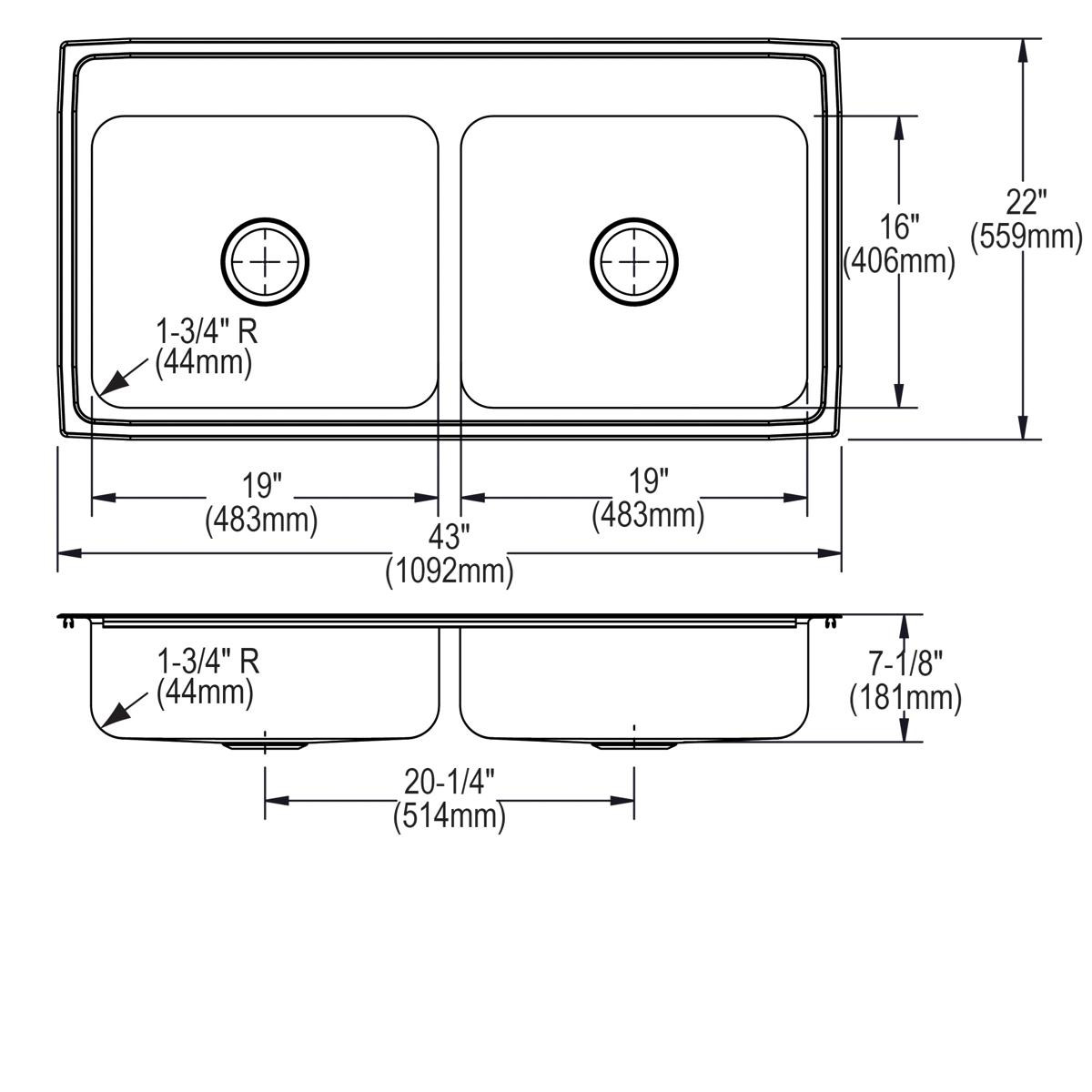 Elkay Celebrity Stainless Steel 43" x 22" x 7-1/8", 4-Hole Equal Double Bowl Drop-in Sink