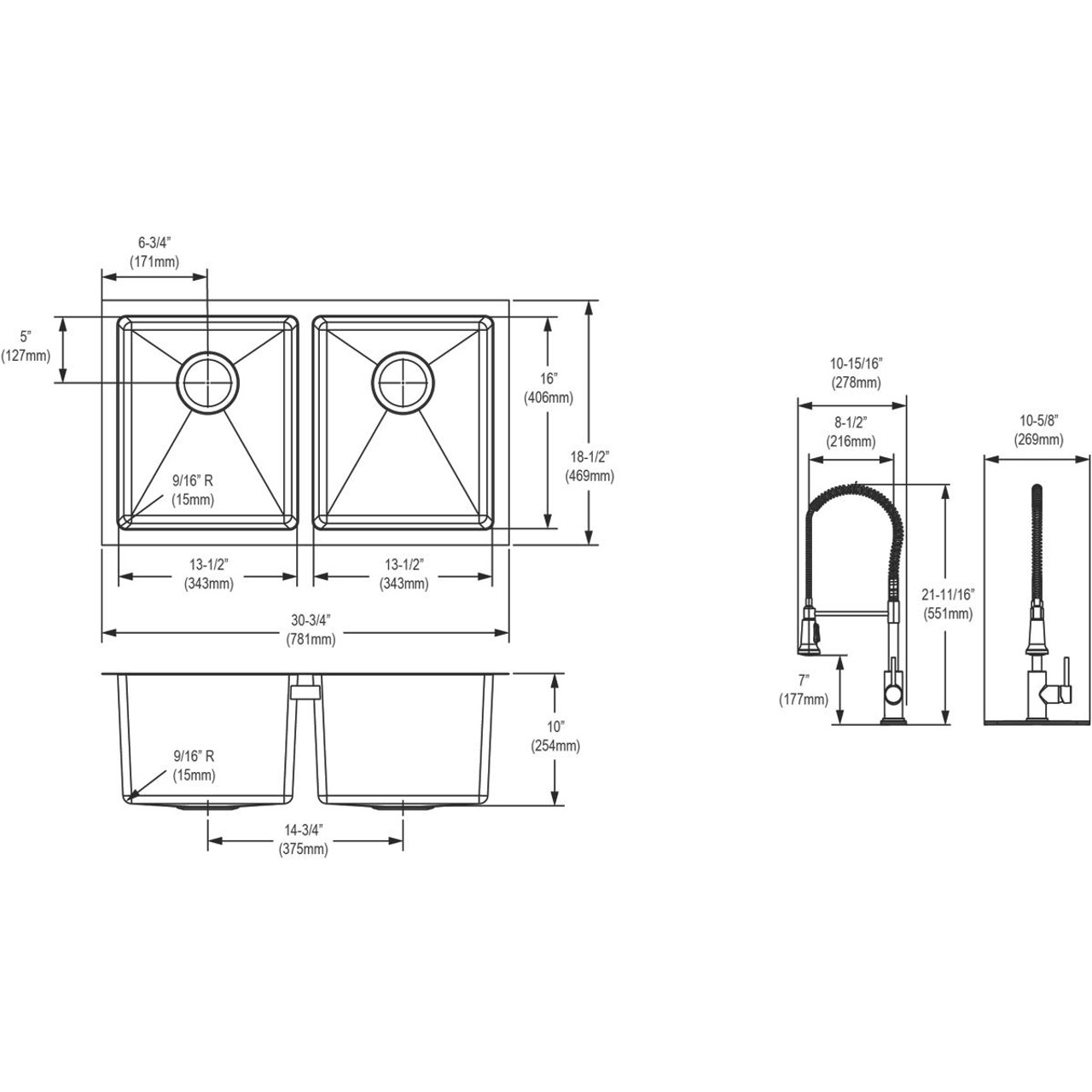 Elkay Crosstown 16 Gauge Stainless Steel 30-3/4" x 18-1/2" x 10" Equal Double Bowl Undermount Sink Kit with Faucet
