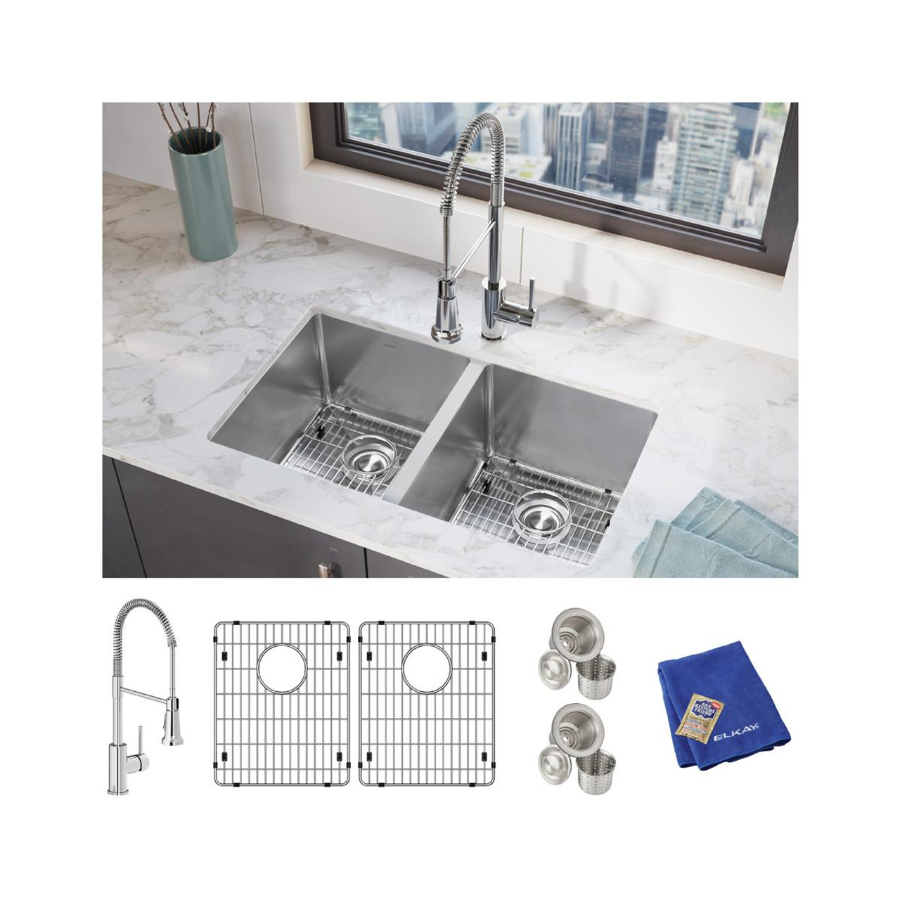 Elkay Crosstown 16 Gauge Stainless Steel 30-3/4" x 18-1/2" x 10" Equal Double Bowl Undermount Sink Kit with Faucet