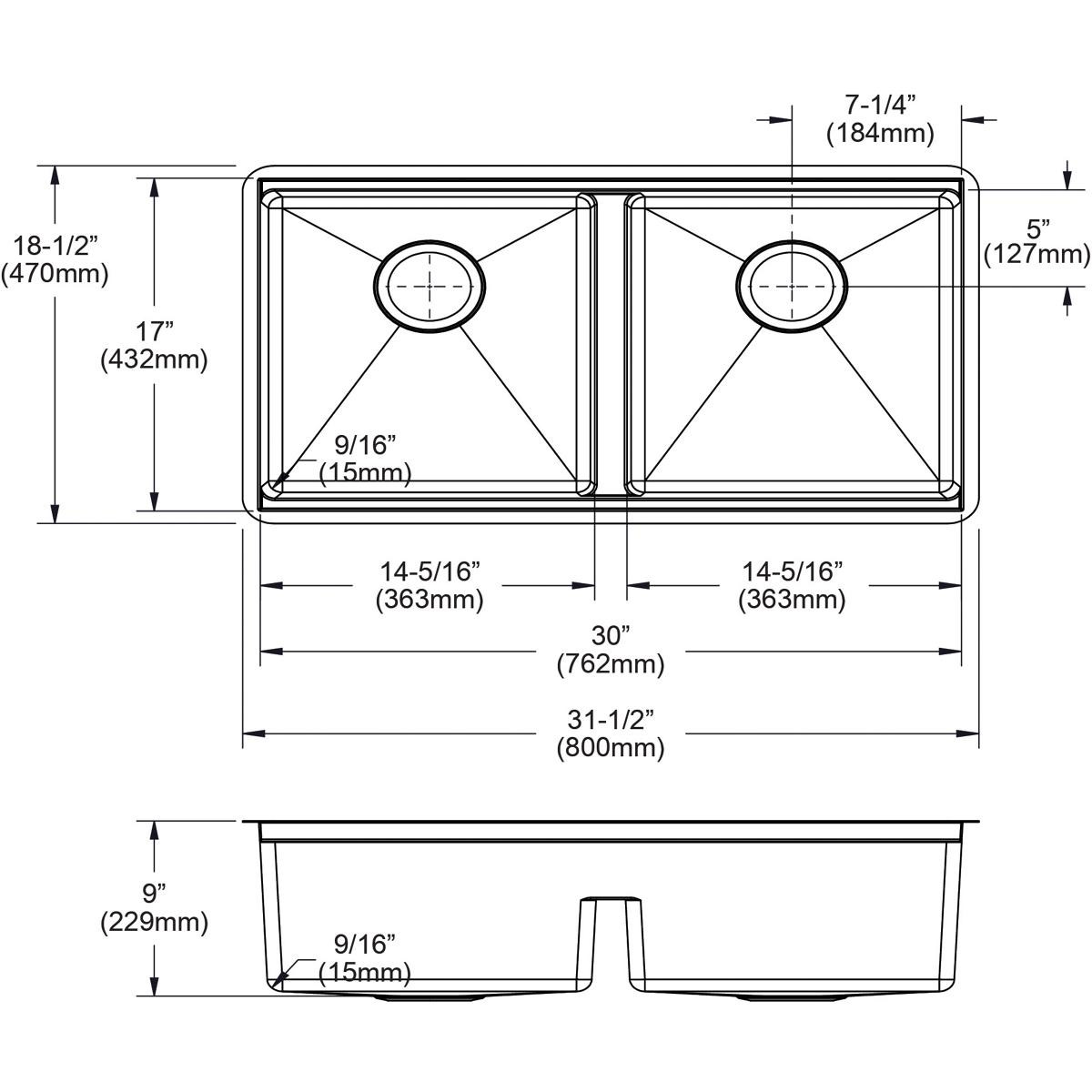 Elkay Crosstown 16 Gauge Workstation Stainless Steel, 31-1/2" x 18-1/2" x 9" Equal Double Bowl Sink Kit with Aqua Divide