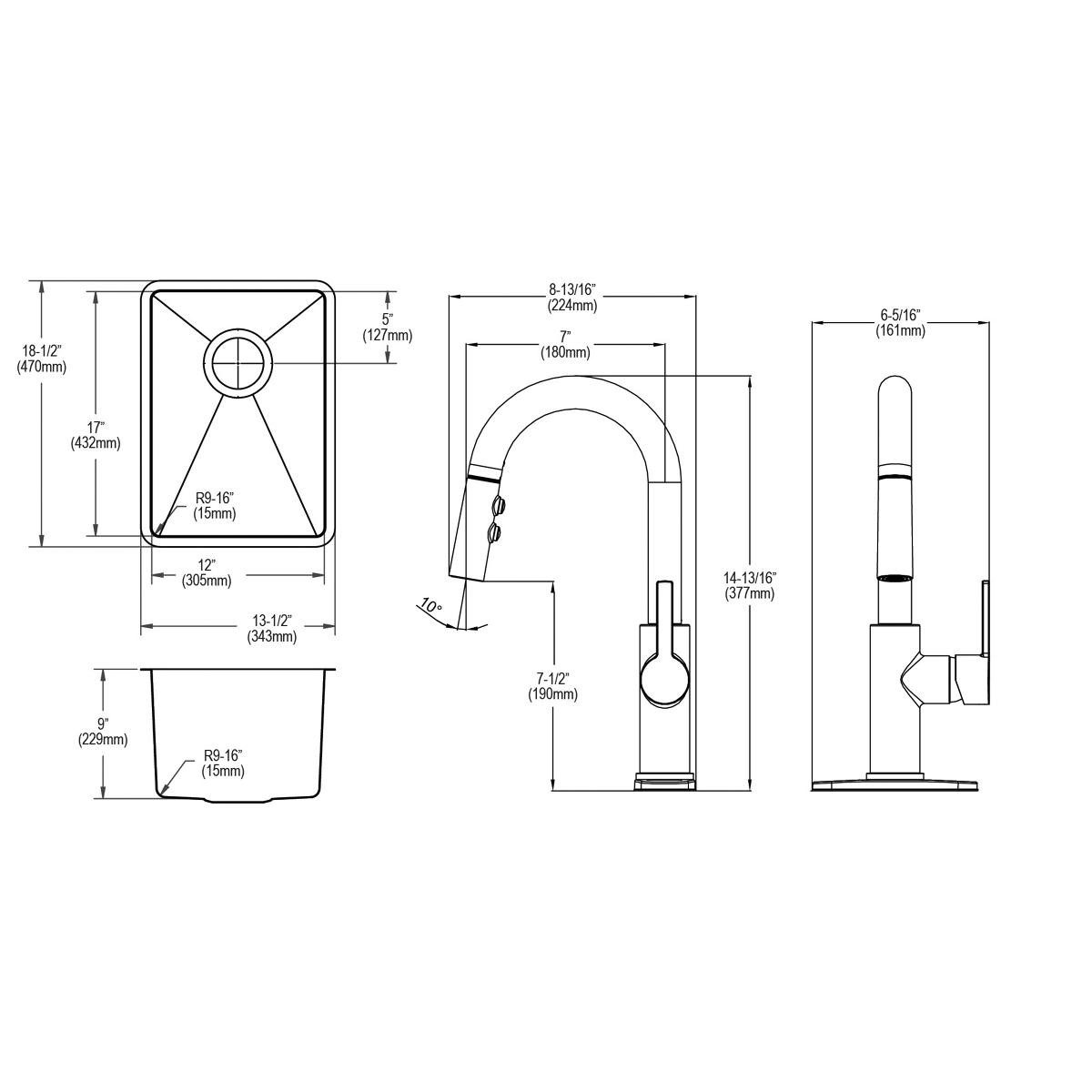 Elkay Crosstown 18 Gauge Stainless Steel 13-1/2" x 18-1/2" x 9" Single Bowl Undermount Bar Sink & Faucet Kit with Bottom Grid & Drain