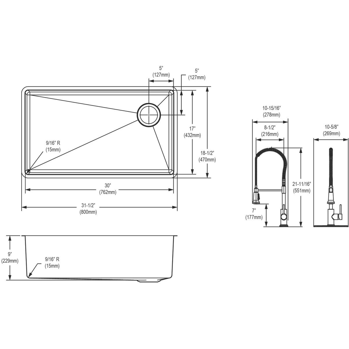 Elkay Crosstown 18 Gauge Stainless Steel 31-1/2" x 18-1/2" x 9" Single Bowl Undermount Sink Kit with Faucet