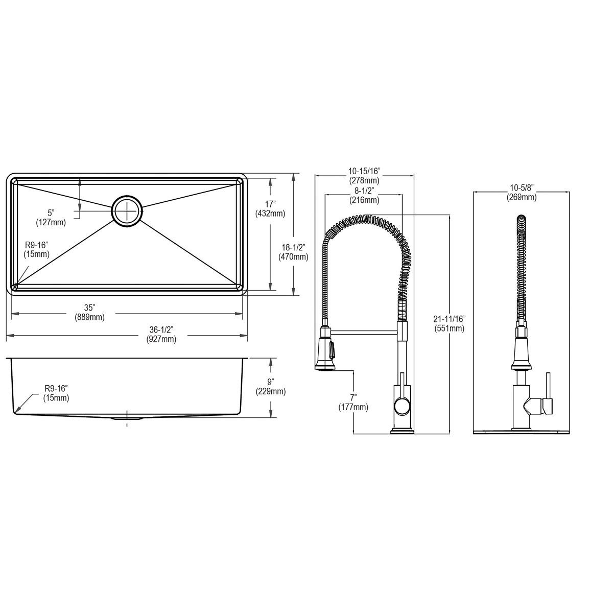 Elkay Crosstown 18 Gauge Stainless Steel 36-1/2" x 18-1/2" x 9" Single Bowl Undermount Sink & Faucet Kit with Bottom Grid & Drain