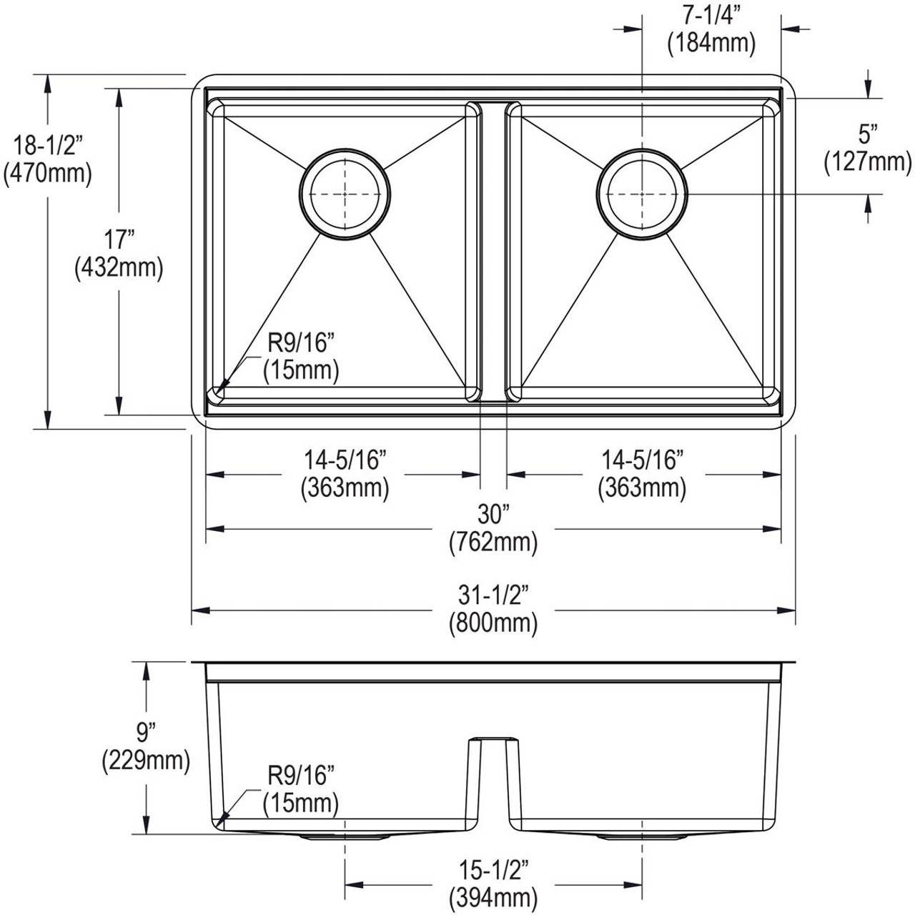 Elkay Crosstown 18 Gauge Workstation Stainless Steel 31-1/2" x 18-1/2" x 9" Equal Double Bowl Sink Kit with Aqua Divide