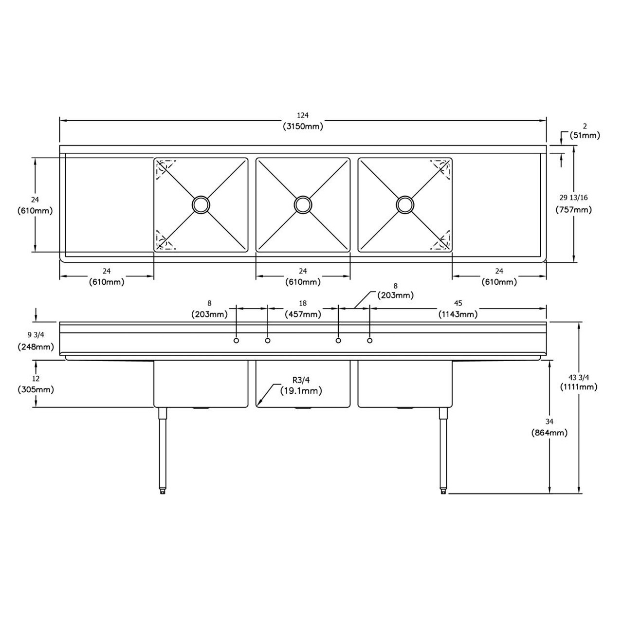 Elkay Dependabilt Stainless Steel 124" x 29-13/16" x 43-3/4" 18 Gauge Three Compartment Sink w/ 24" Left and Right Drainboards & Stainless Steel Legs