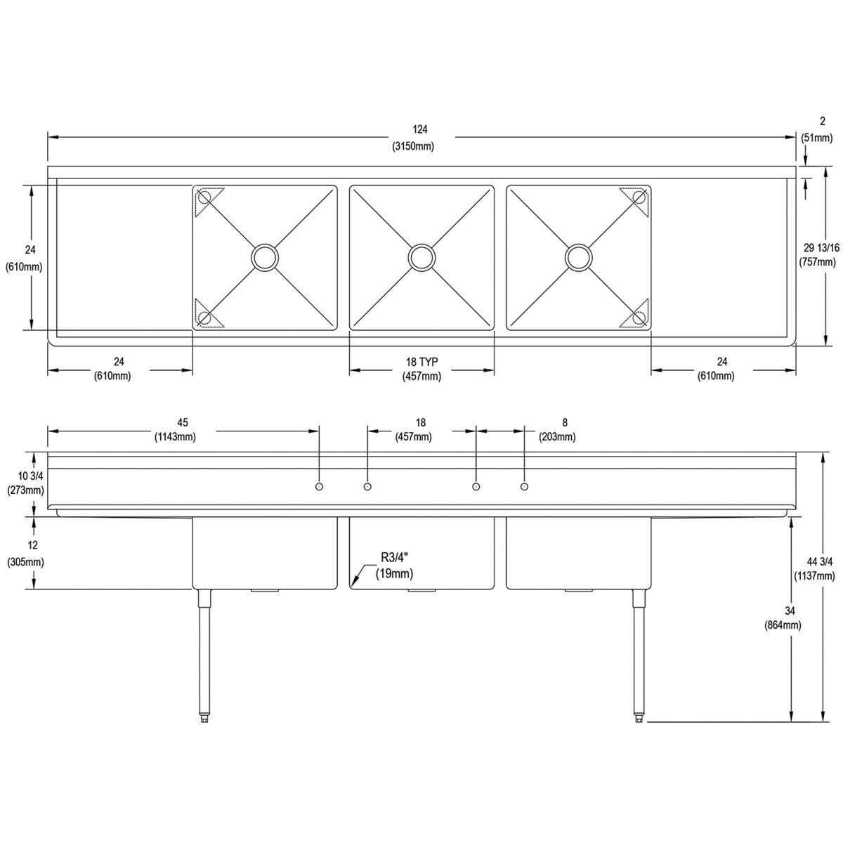 Elkay Dependabilt Stainless Steel 124" x 29-13/16" x 44-3/4" 16 Gauge Three Compartment Sink w/ 24" Left and Right Drainboards & Stainless Steel Legs