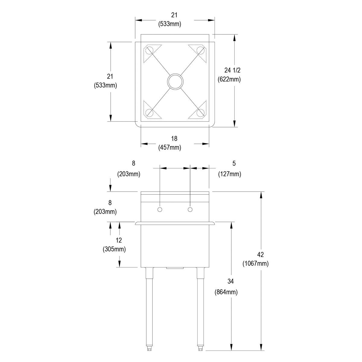 Elkay Dependabilt Stainless Steel 21" x 24-1/2" x 42" 18 Gauge One Compartment Budget Sink with Stainless Steel Legs