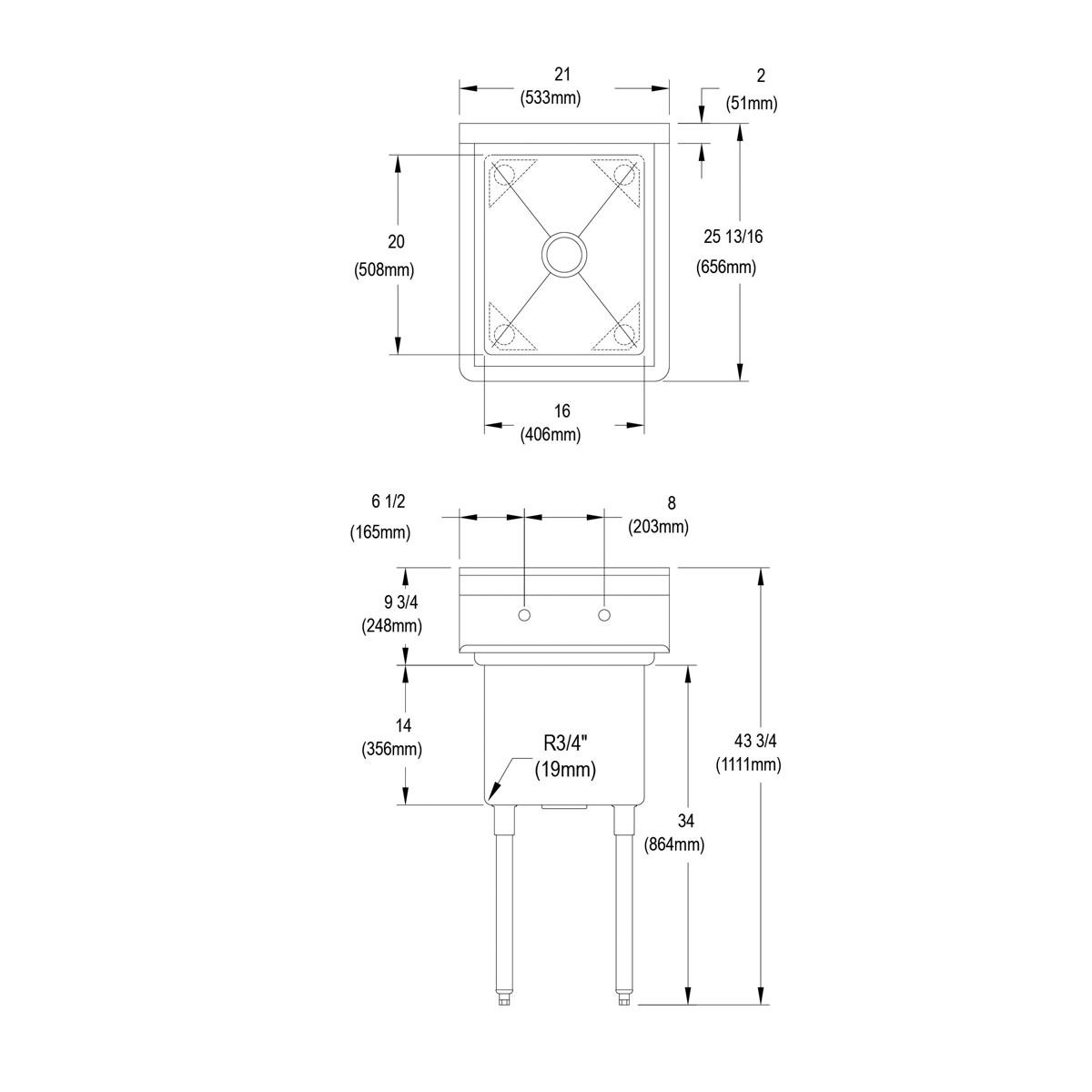 Elkay Dependabilt Stainless Steel 21" x 25-13/16" x 43-3/4" 16 Gauge One Compartment Sink with Stainless Steel Legs