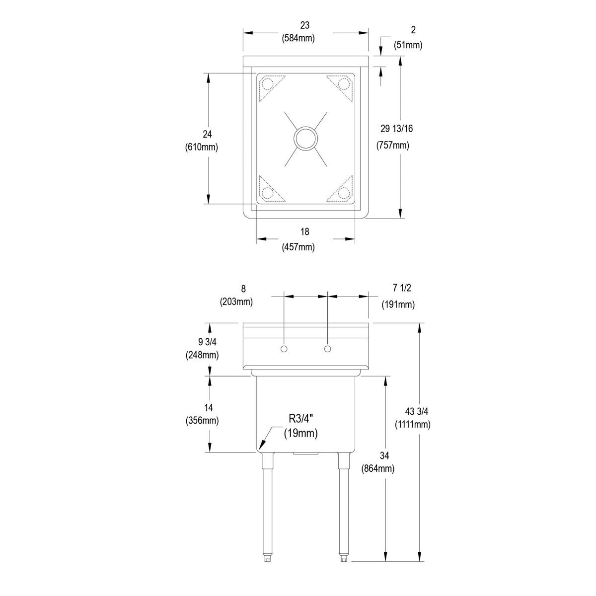 Elkay Dependabilt Stainless Steel 23" x 29-13/16" x 43-3/4" 16 Gauge One Compartment Sink with Stainless Steel Legs