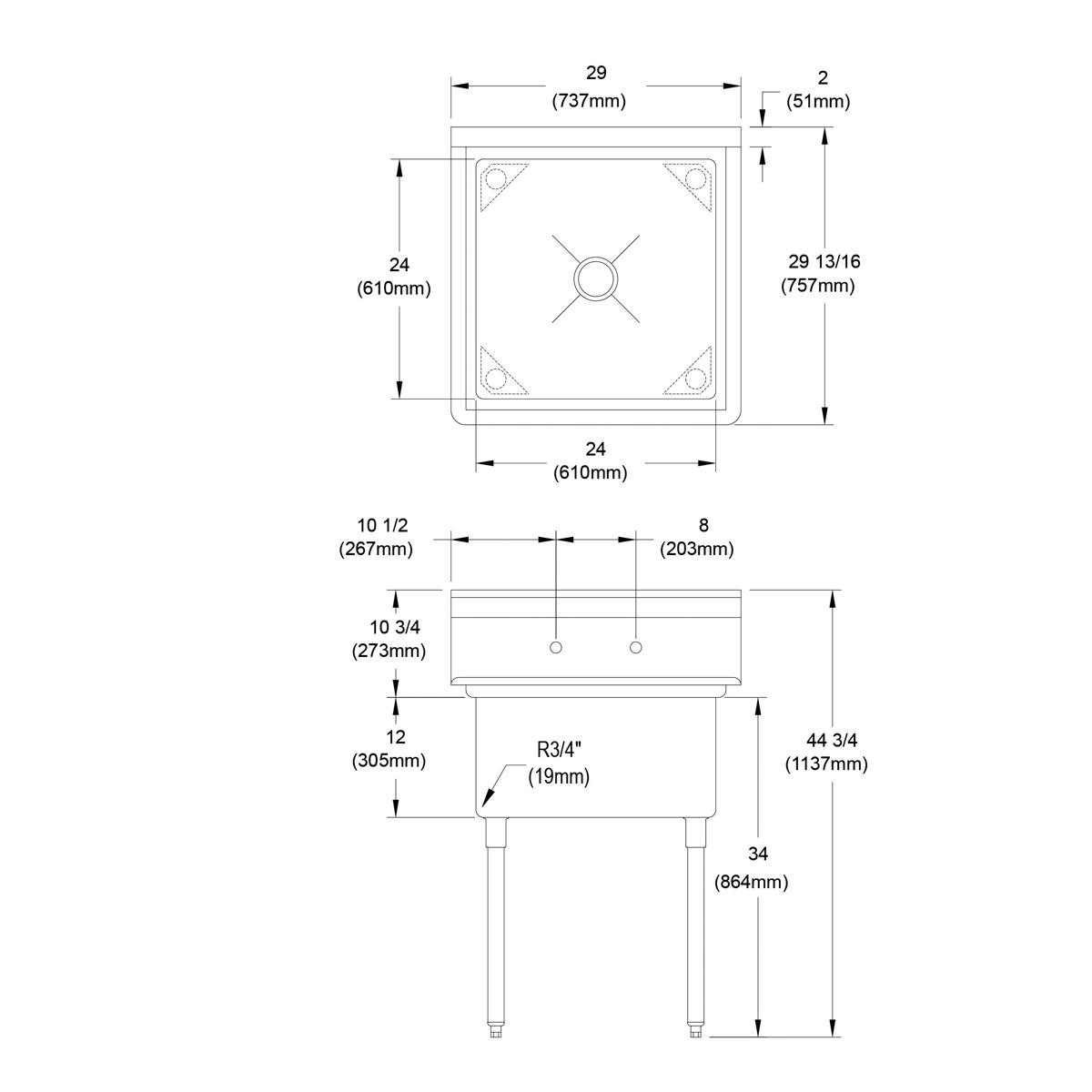 Elkay Dependabilt Stainless Steel 29" x 29-13/16" x 44-3/4" 16 Gauge One Compartment Sink with Stainless Steel Legs