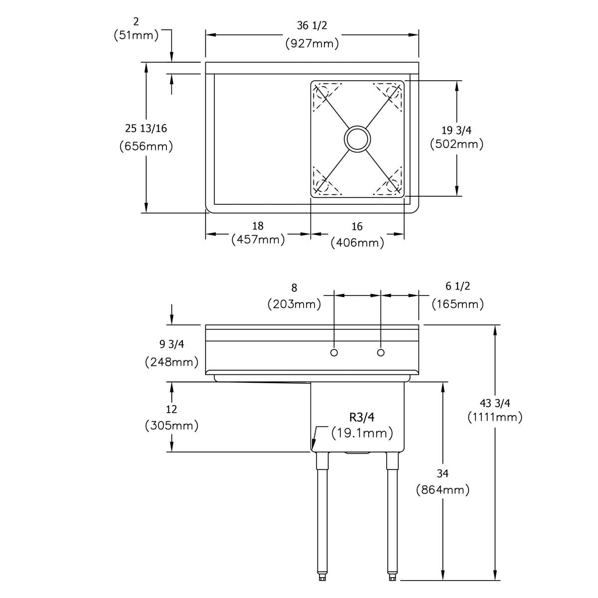 Elkay Dependabilt Stainless Steel 36-1/2" x 25-13/16" x 43-3/4" 18 Gauge One Compartment Sink w/ 18" Left Drainboard and Stainless Steel Legs