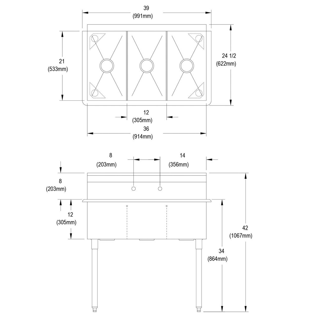 Elkay Dependabilt Stainless Steel 39" x 24-1/2" x 42" 18 Gauge Three Compartment Budget Sink with Stainless Steel Legs