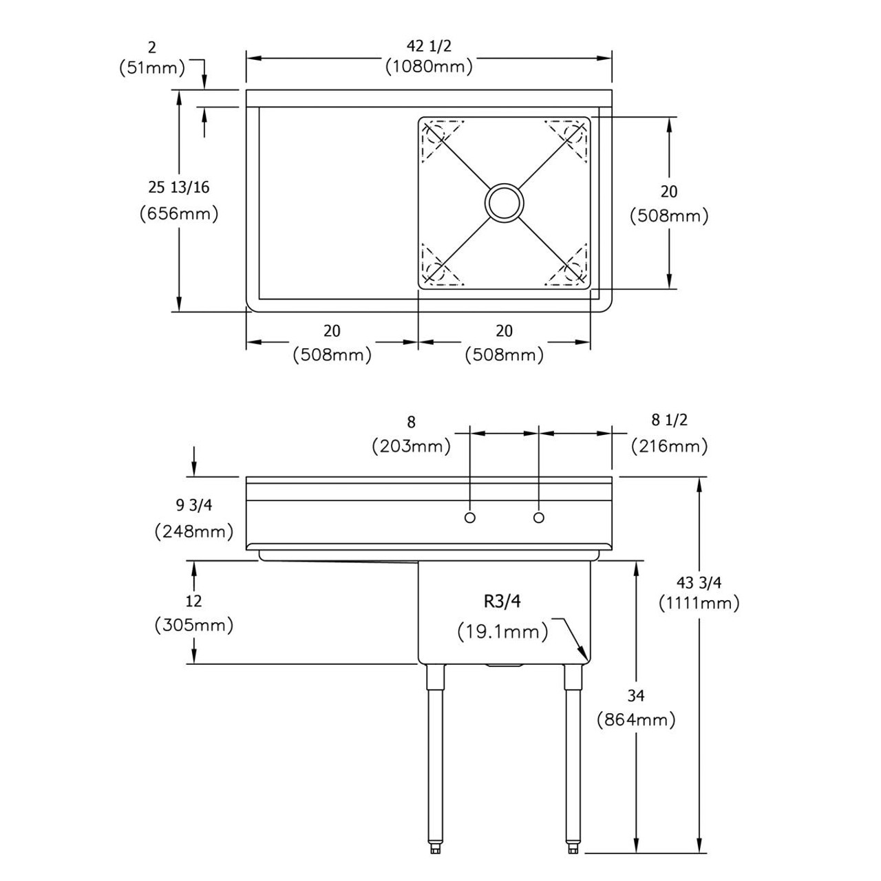 Elkay Dependabilt Stainless Steel 42-1/2" x 25-13/16" x 43-3/4" 18 Gauge One Compartment Sink w/ 20" Left Drainboard and Stainless Steel Legs