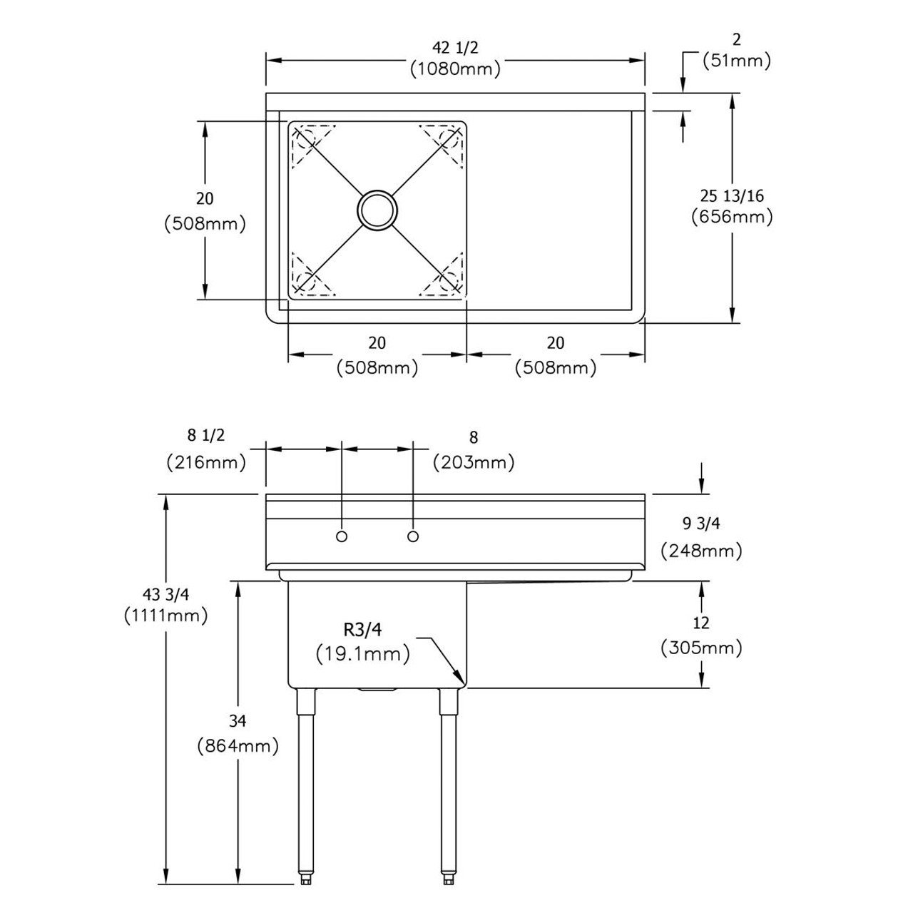 Elkay Dependabilt Stainless Steel 42-1/2" x 25-13/16" x 43-3/4" 18 Gauge One Compartment Sink w/ 20" Right Drainboard and Stainless Steel Legs