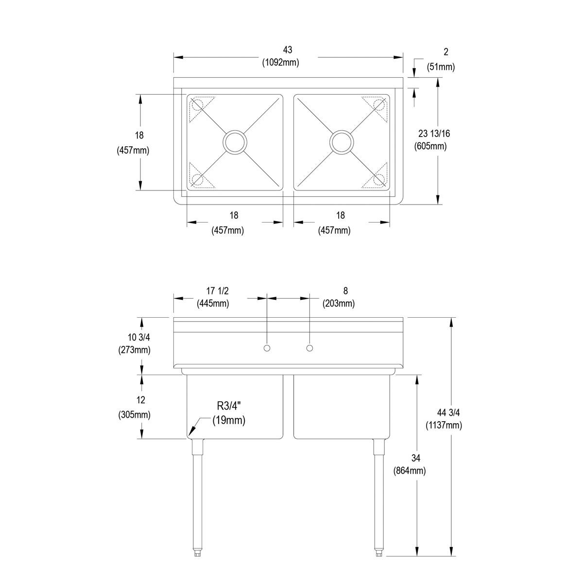Elkay Dependabilt Stainless Steel 43" x 23-13/16" x 44-3/4" 16 Gauge Two Compartment Sink with Stainless Steel Legs