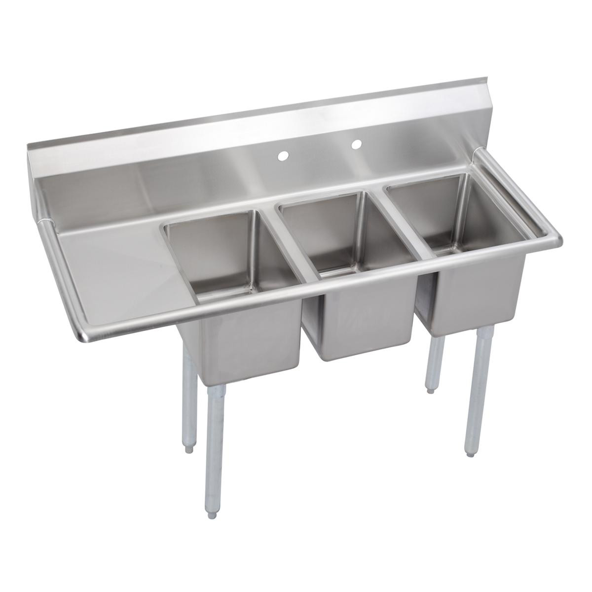 Elkay Dependabilt Stainless Steel 48-1/2" x 19-13/16" x 43-3/4" 16 Gauge Three Compartment Sink w/ 12" Left Drainboard and Stainless Steel Legs