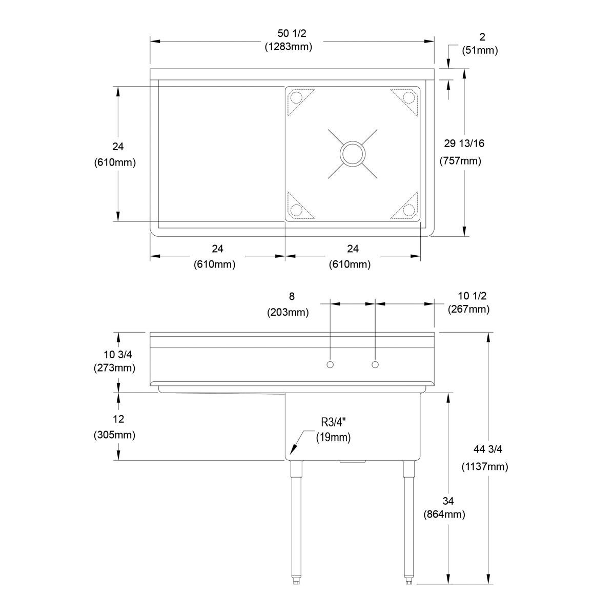 Elkay Dependabilt Stainless Steel 50-1/2" x 29-13/16" x 44-3/4" 16 Gauge One Compartment Sink w/ 24" Left Drainboard and Stainless Steel Legs