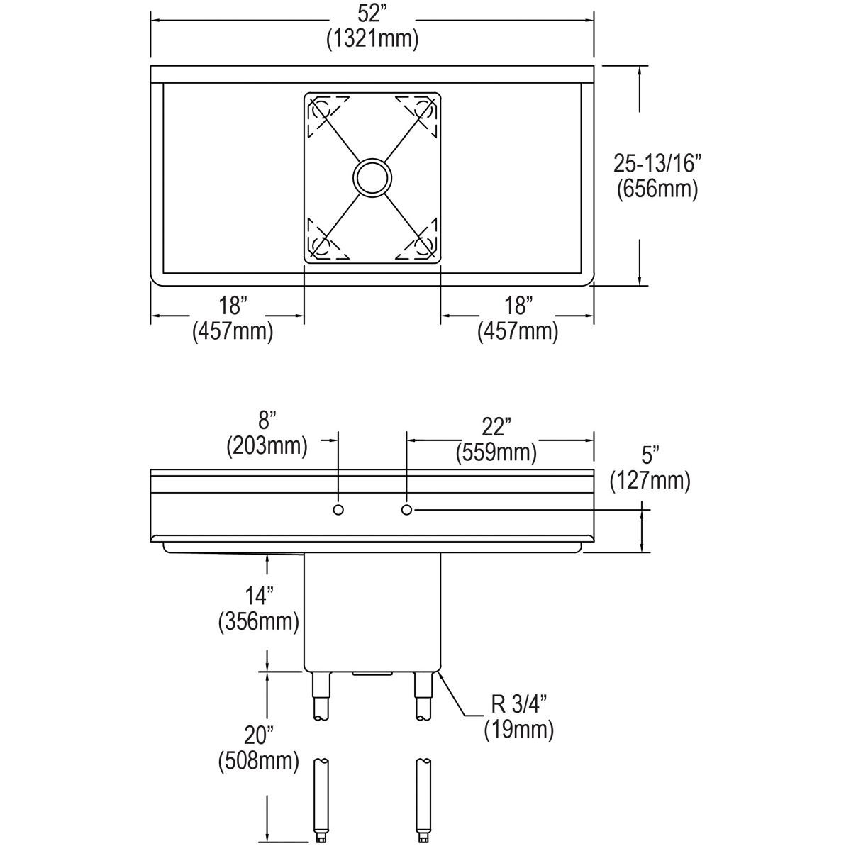 Elkay Dependabilt Stainless Steel 52" x 25-13/16" x 43-3/4" 16 Gauge One Compartment Sink w/ 18" Left and Right Drainboards and Stainless Steel Legs