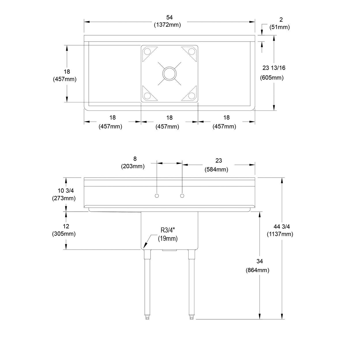 Elkay Dependabilt Stainless Steel 54" x 23-13/16" x 44-3/4" 16 Gauge One Compartment Sink w/ 18" Left and Right Drainboards and Stainless Steel Legs