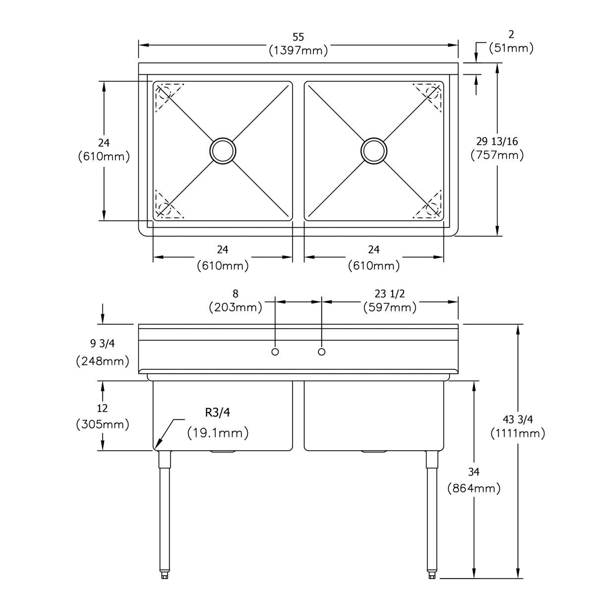 Elkay Dependabilt Stainless Steel 55" x 29-13/16" x 43-3/4" 18 Gauge Two Compartment Sink with Stainless Steel Legs
