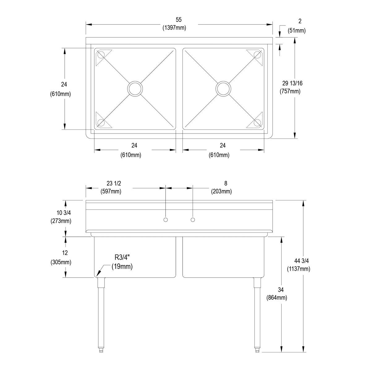 Elkay Dependabilt Stainless Steel 55" x 29-13/16" x 44-3/4" 16 Gauge Two Compartment Sink with Stainless Steel Legs