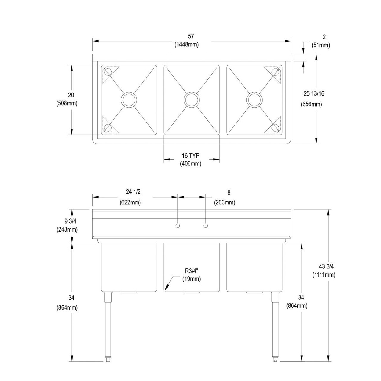 Elkay Dependabilt Stainless Steel 57" x 25-13/16" x 43-3/4" 16 Gauge Three Compartment Sink with Stainless Steel Legs