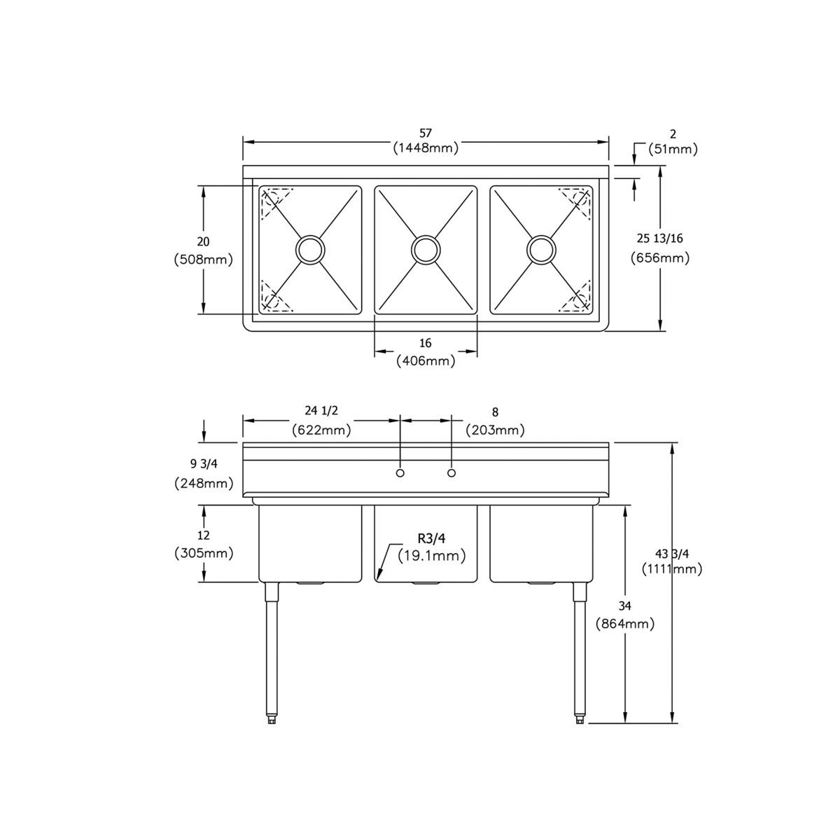 Elkay Dependabilt Stainless Steel 57" x 25-13/16" x 43-3/4" 18 Gauge Three Compartment Sink with Stainless Steel Legs