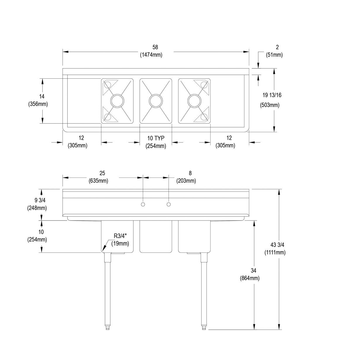 Elkay Dependabilt Stainless Steel 58" x 19-13/16" x 43-3/4" 16 Gauge Three Compartment Sink w/ 12" Left and Right Drainboards and Stainless Steel Legs