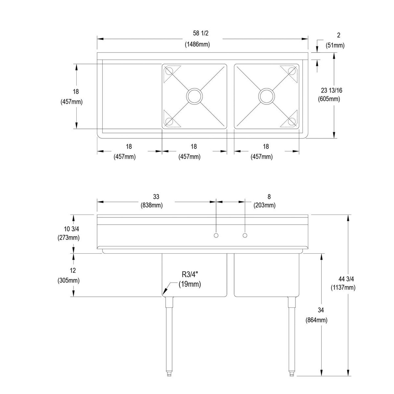 Elkay Dependabilt Stainless Steel 58-1/2" x 23-13/16" x 44-3/4" 16 Gauge Two Compartment Sink w/ 18" Left Drainboard and Stainless Steel Legs