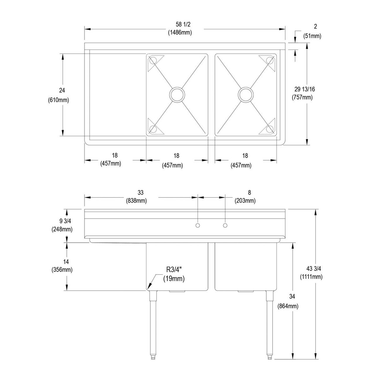 Elkay Dependabilt Stainless Steel 58-1/2" x 29-13/16" x 43-3/4" 16 Gauge Two Compartment Sink w/ 18" Left Drainboard and Stainless Steel Legs