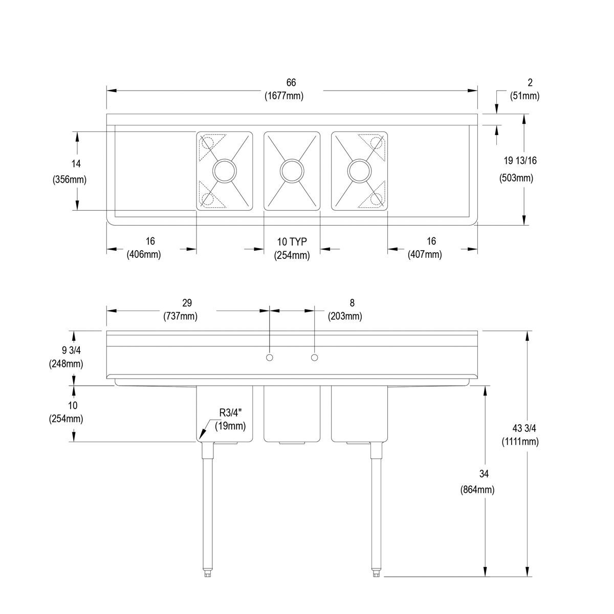 Elkay Dependabilt Stainless Steel 66" x 19-13/16" x 43-3/4" 16 Gauge Three Compartment Sink w/ 16" Left and Right Drainboards and Stainless Steel Legs