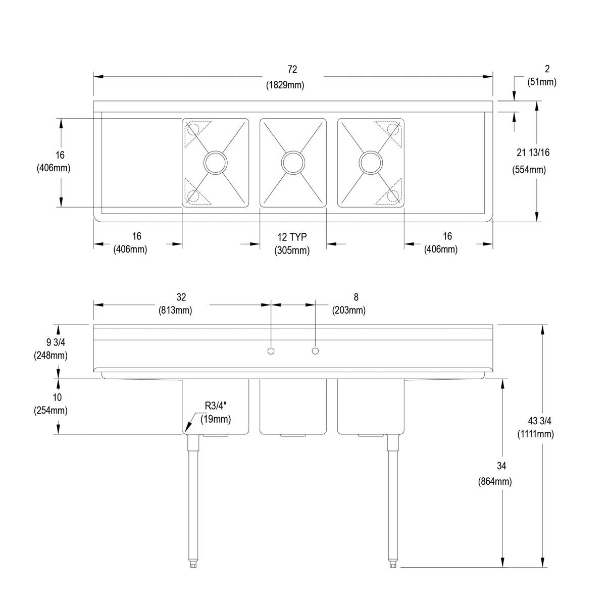 Elkay Dependabilt Stainless Steel 72" x 21-13/16" x 43-3/4" 16 Gauge Three Compartment Sink w/ 16" Left and Right Drainboards and Stainless Steel Legs