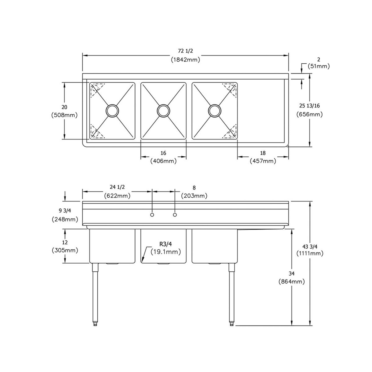 Elkay Dependabilt Stainless Steel 72-1/2" x 25-13/16" x 43-3/4" 18 Gauge Three Compartment Sink w/ 18" Right Drainboard and Stainless Steel Legs