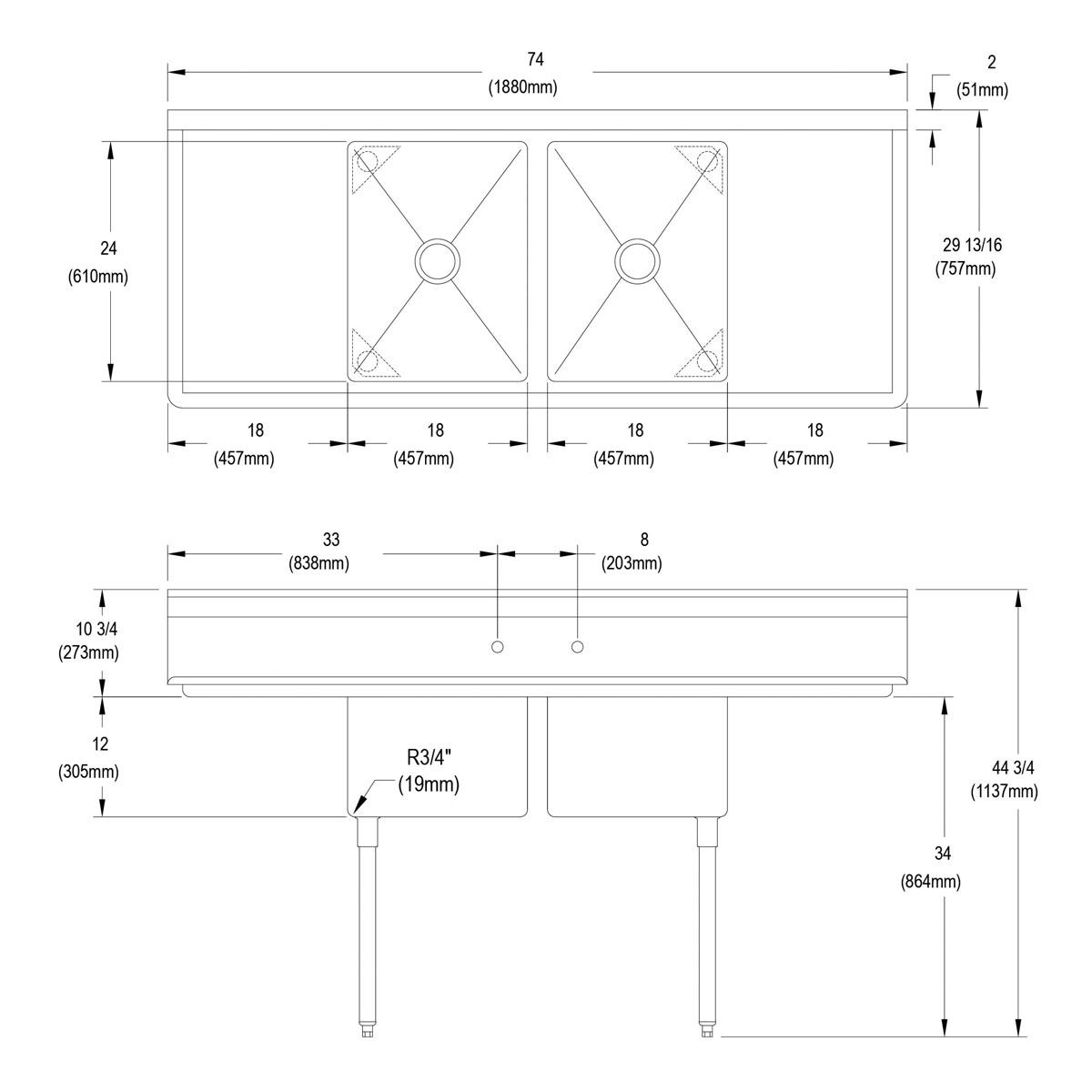 Elkay Dependabilt Stainless Steel 74" x 29-13/16" x 44-3/4" 16 Gauge Two Compartment Sink w/ 18" Left and Right Drainboards and Stainless Steel Legs