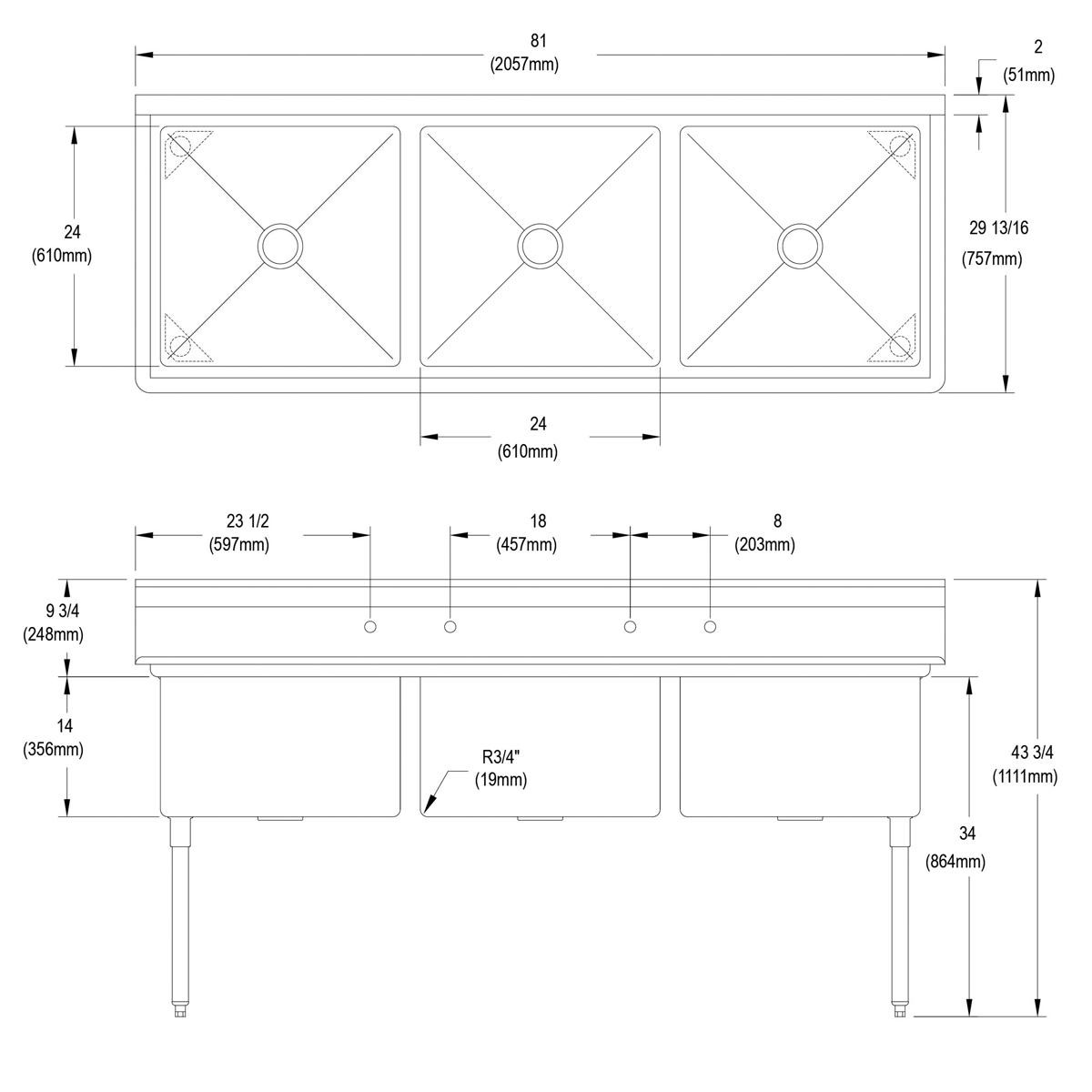 Elkay Dependabilt Stainless Steel 81" x 29-13/16" x 43-3/4" 16 Gauge Three Compartment Sink with Stainless Steel Legs