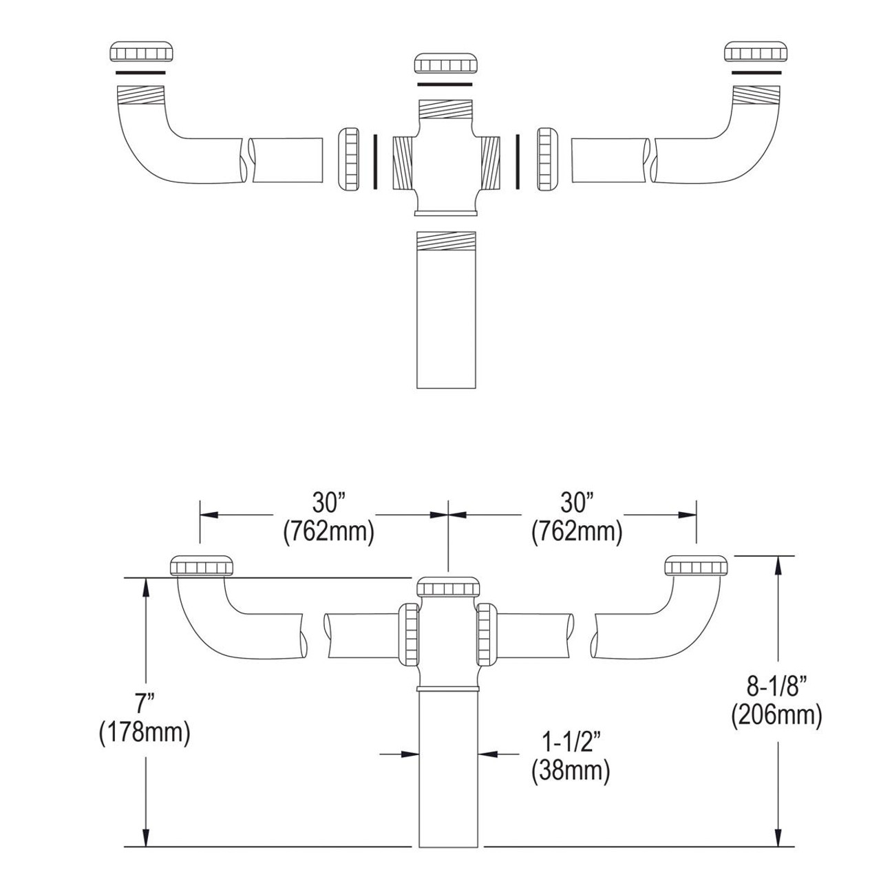 Elkay Drain Fitting Center Outlet for Triple Bowl Sinks with Aligned Drains