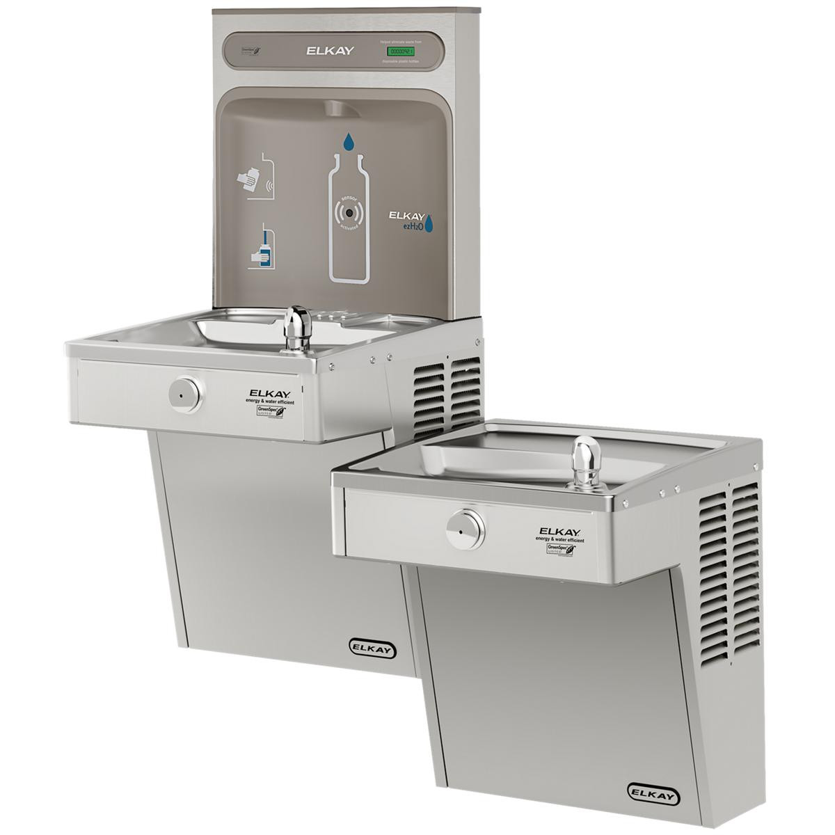 Elkay ezH2O Bottle Filling Station & Bi-Level High Efficiency Vandal-Resistant Cooler Non-Filtered Refrigerated Stainless
