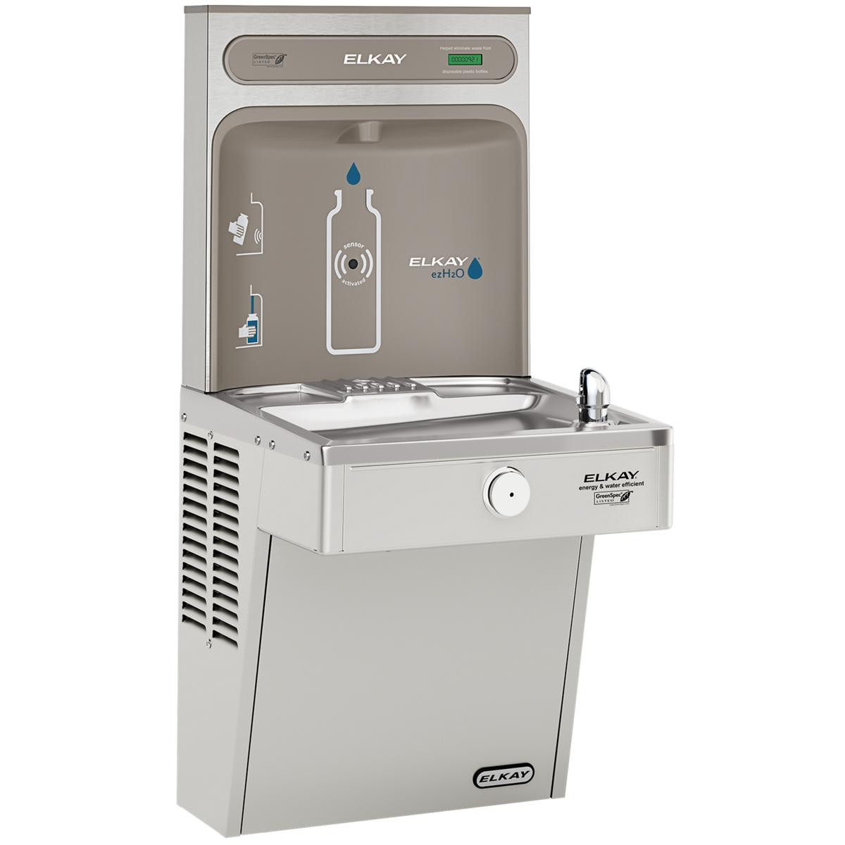 Elkay ezH2O Bottle Filling Station & Single High Efficiency Vandal-Resistant Cooler Non-Filtered Refrigerated Stainless