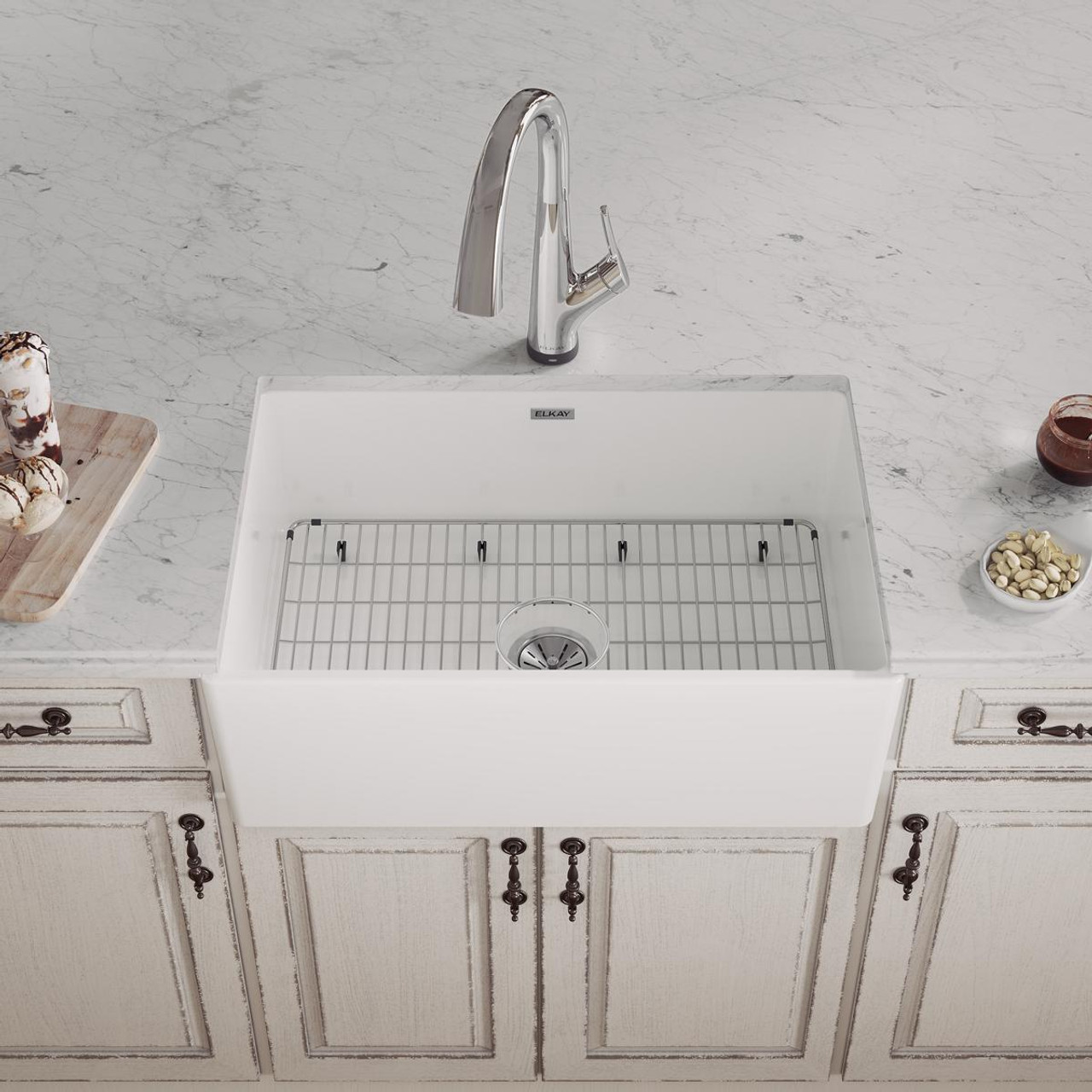 Elkay Fireclay 30" x 19-15/16" x 9-1/8", Single Bowl Farmhouse Sink Kit with Filtered Faucet, White