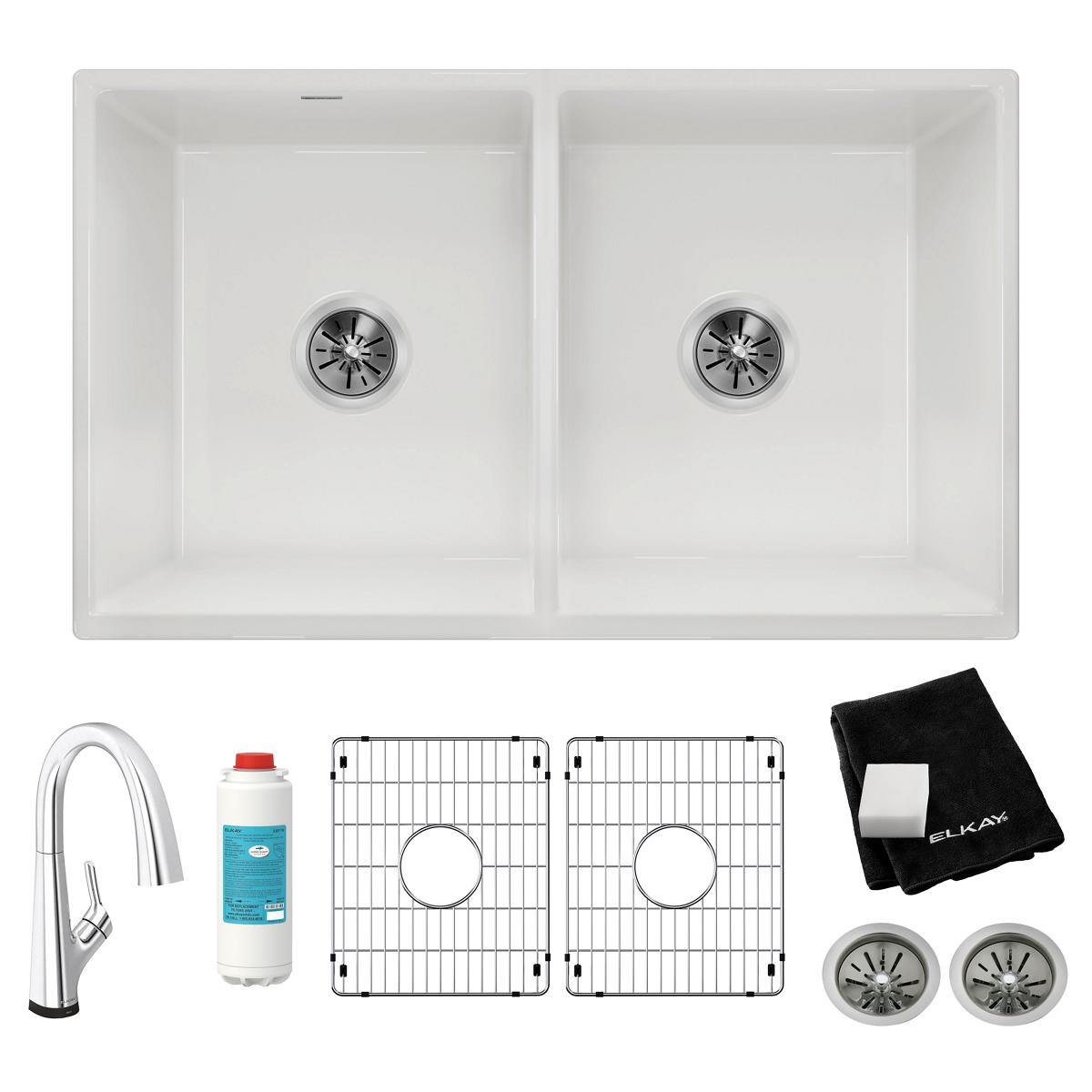 Elkay Fireclay 33" x 19-15/16" x 9", Equal Double Bowl Farmhouse Sink Kit with Filtered Faucet, White
