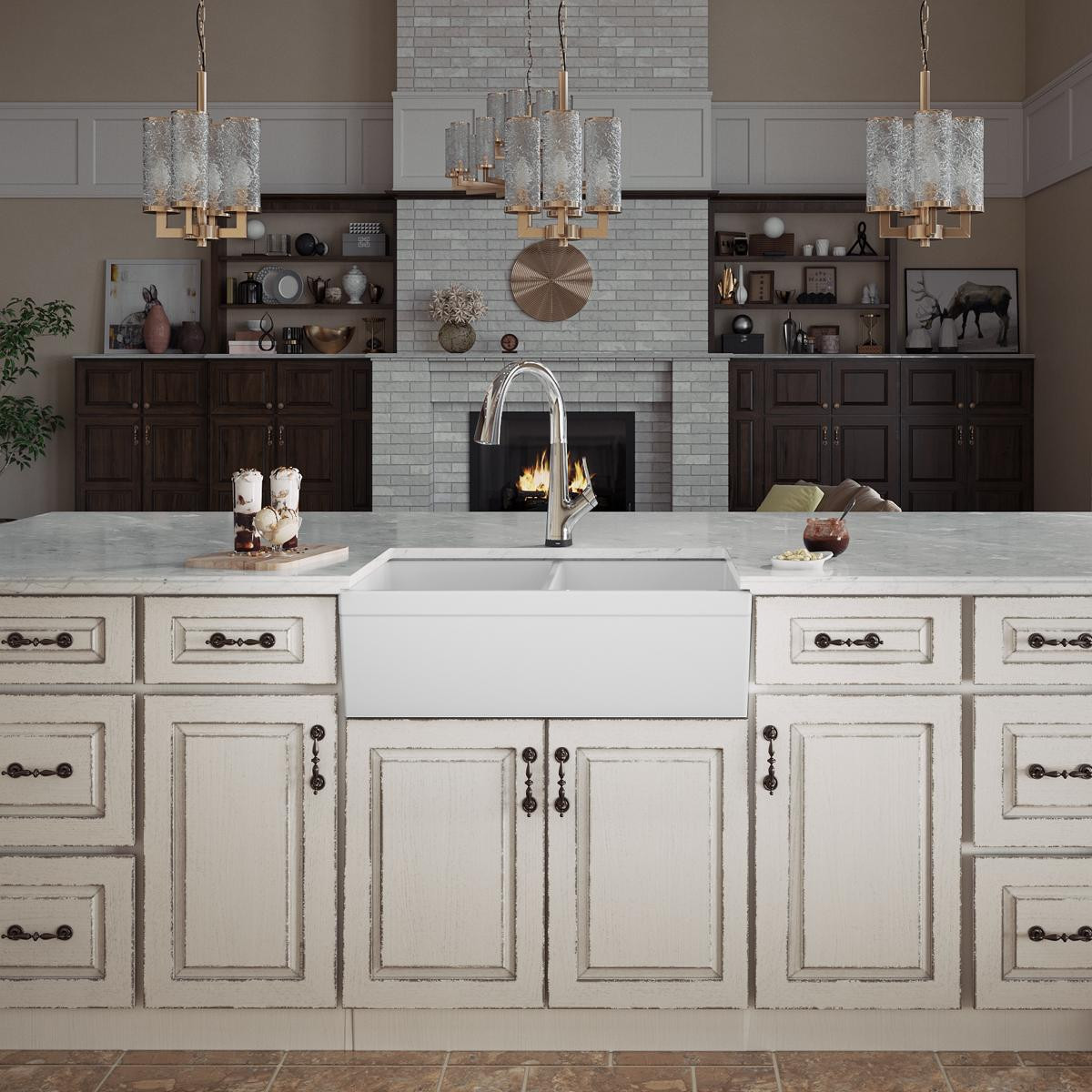 Elkay Fireclay 33" x 19-15/16" x 9", Equal Double Bowl Farmhouse Sink Kit with Filtered Faucet, White